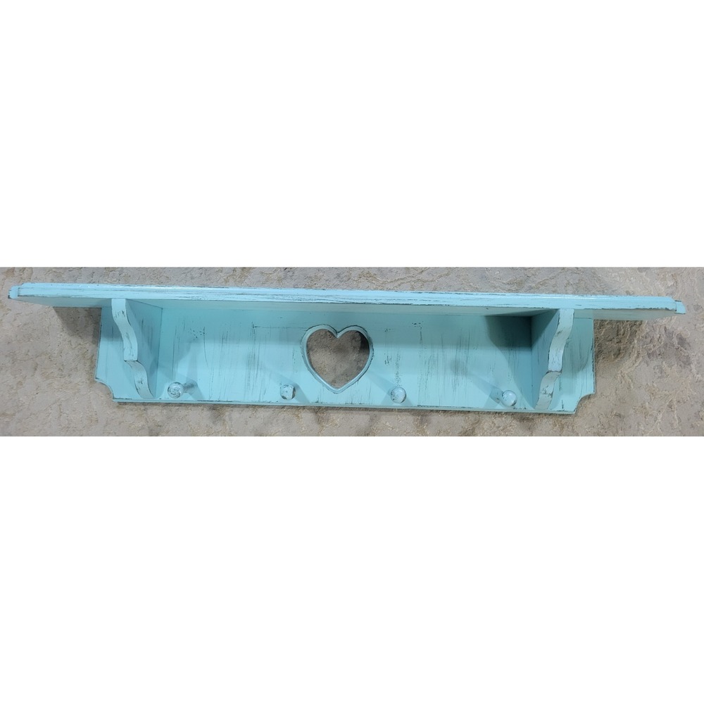 Light Blue Distressed Wood Wall Shelf Heart Cutout 4 Peg Hooks Farmhouse‎ 36in